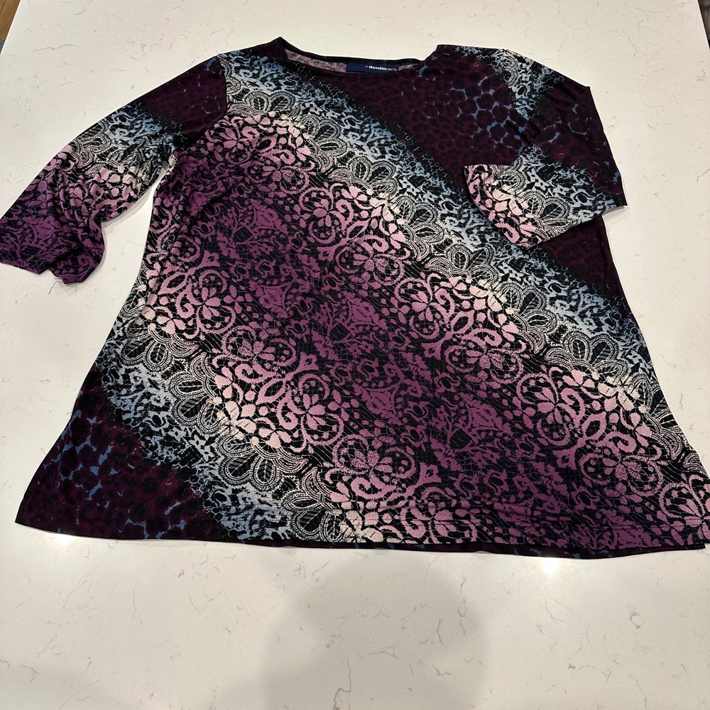 Denim 24/7 Womens 1X Purple Leopard Lace Print 3/4 Sleeve Tunic Top